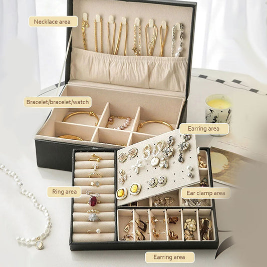 Boîte à bijoux de grande capacité en cuir PU pour boucles d’oreilles et colliers avec serrure